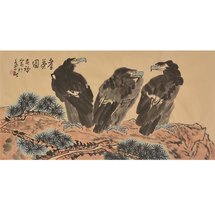 Li Kuchan inspired hand-painted Chinese three eagles in a pine mountain landscape