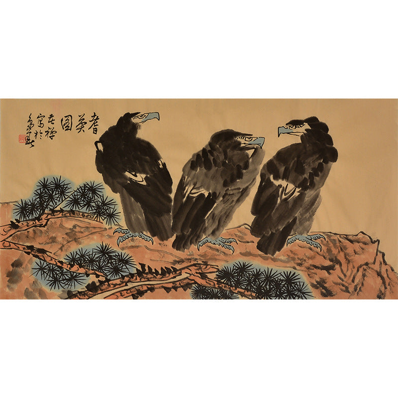 Li Kuchan inspired hand-painted Chinese three eagles standing on a pine ridge