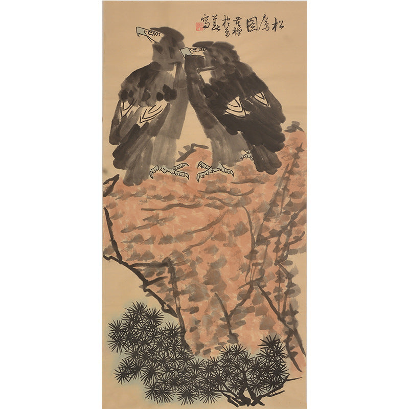 Li Kuchan inspired hand-painted Chinese twin eagles on a mountain cliff