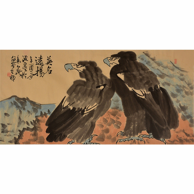 Li Kuchan inspired hand-painted Chinese twin eagles over red-toned mountains