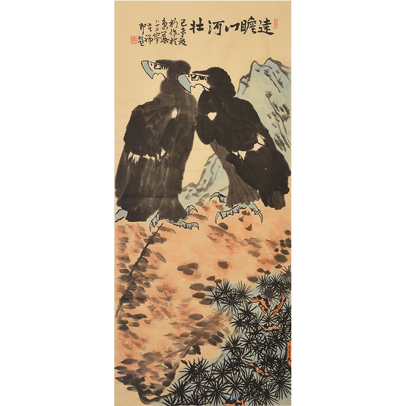 Li Kuchan inspired hand-painted Chinese twin eagles standing on a warm peach-toned cliff