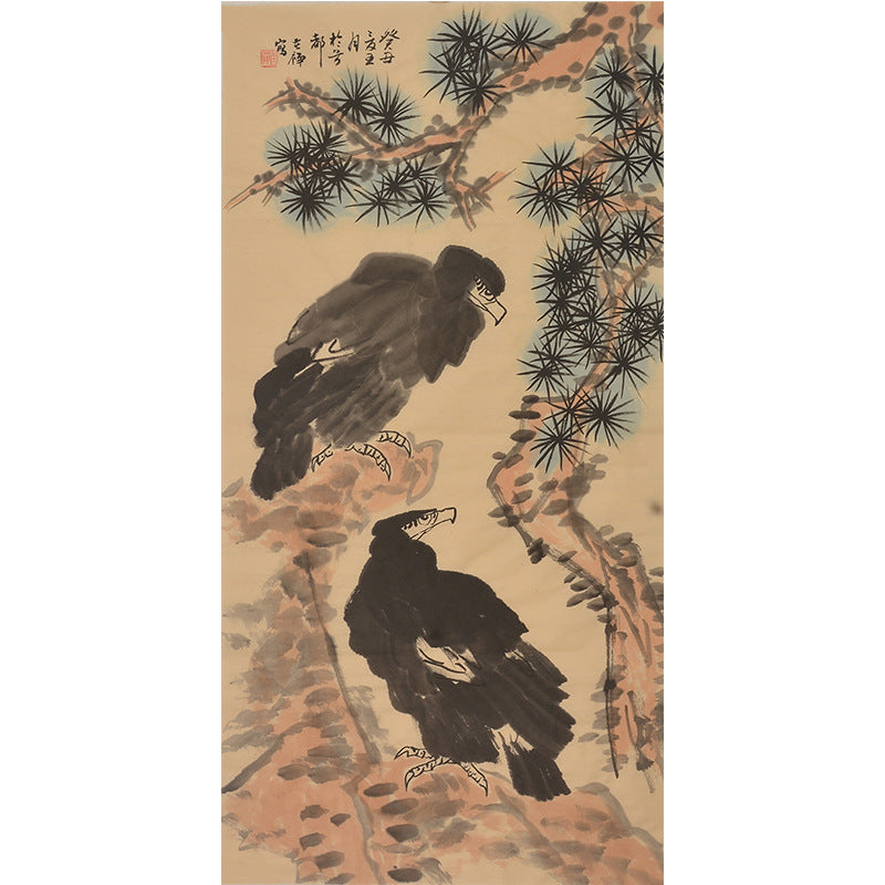 Li Kuchan inspired hand-painted Chinese twin eagles beneath pine branches