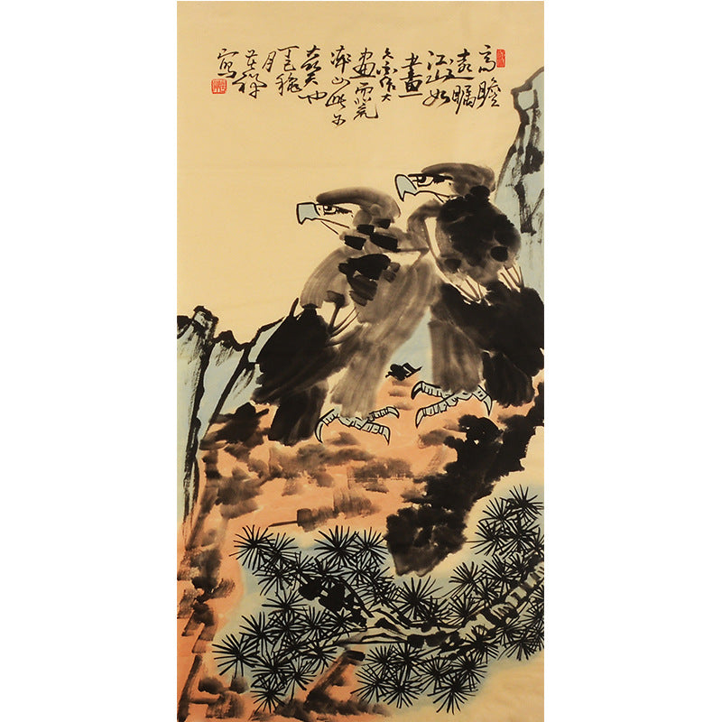 Li Kuchan inspired hand-painted Chinese twin eagles beside a pine-covered cliff