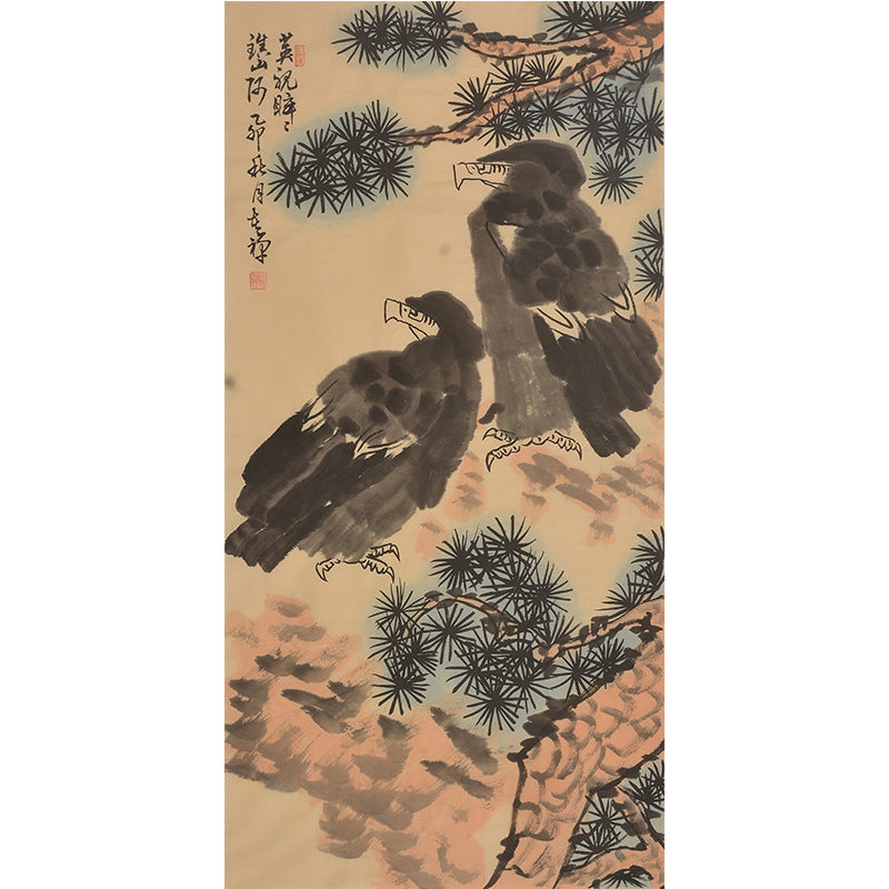 Li Kuchan inspired hand-painted Chinese twin eagles in a pine grove