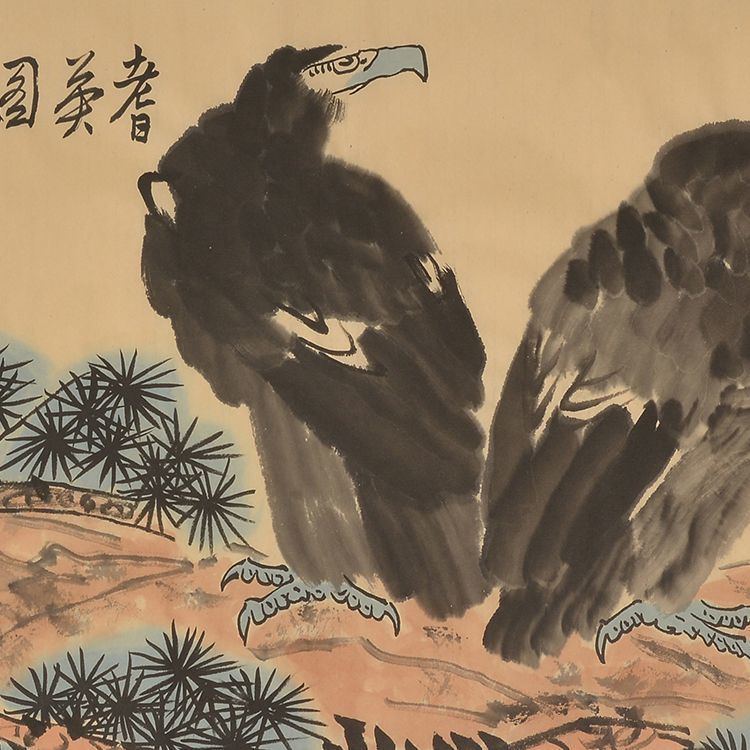 Li Kuchan inspired hand-painted Chinese twin eagles with pine, horizontal composition