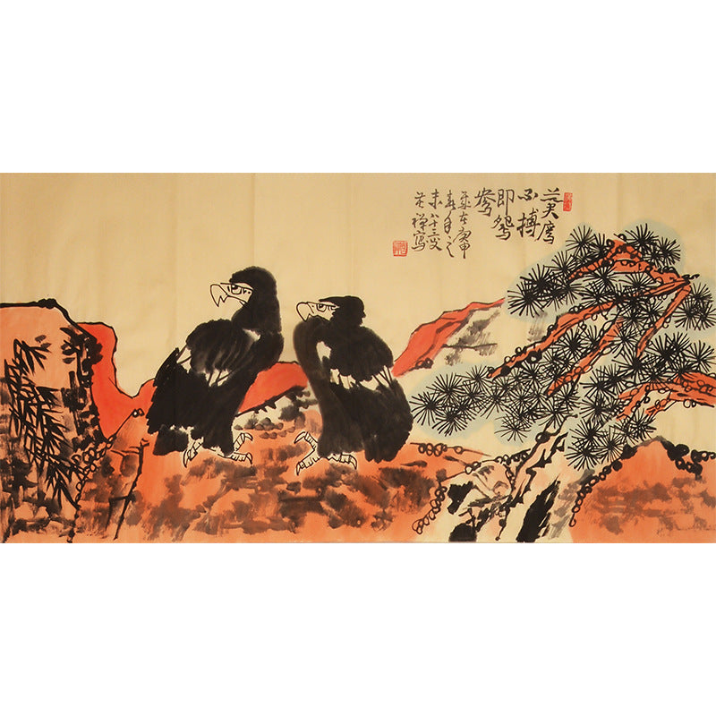 Li Kuchan inspired hand-painted Chinese twin eagles beside red-toned pine and rocks