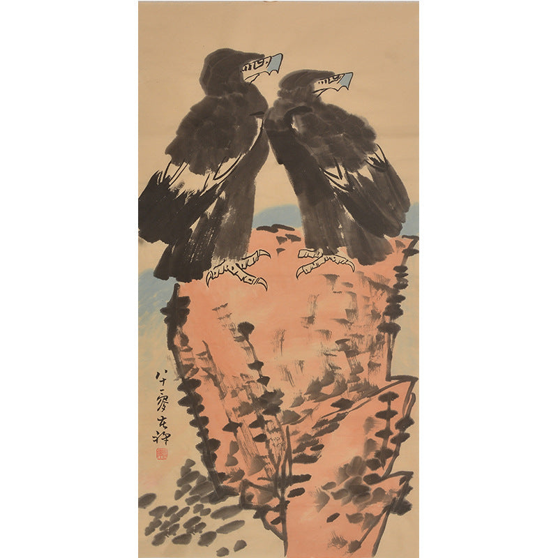 Li Kuchan inspired hand-painted Chinese twin eagles standing on red rock