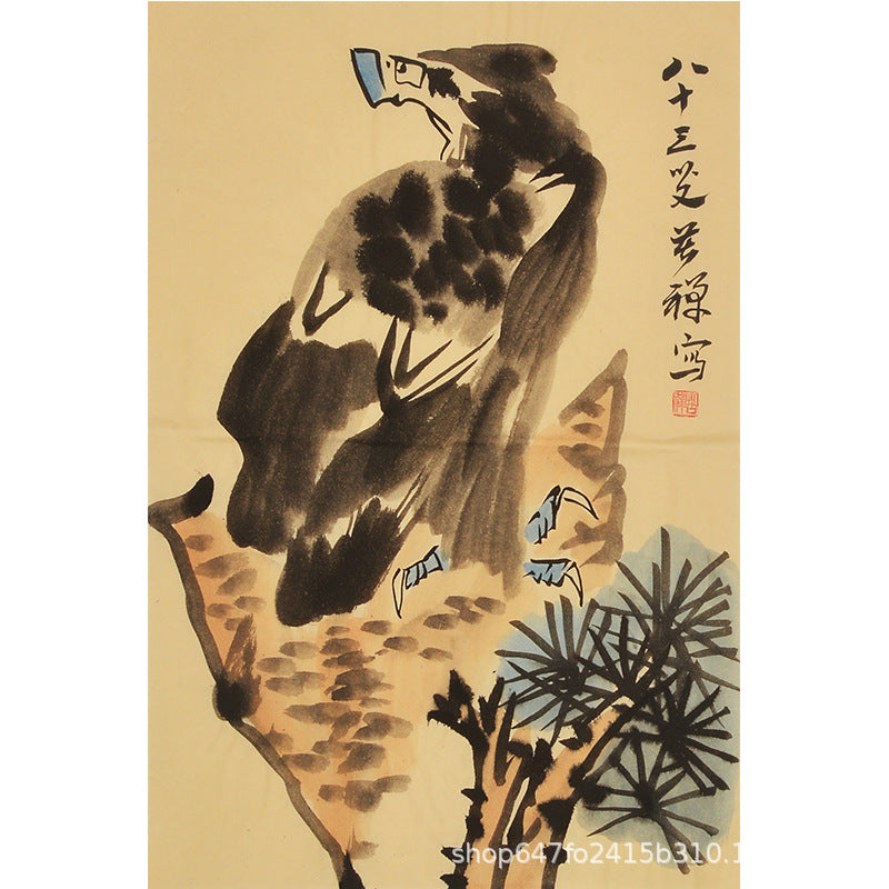 Li Kuchan inspired hand-painted Chinese twin eagles standing on a tall rock