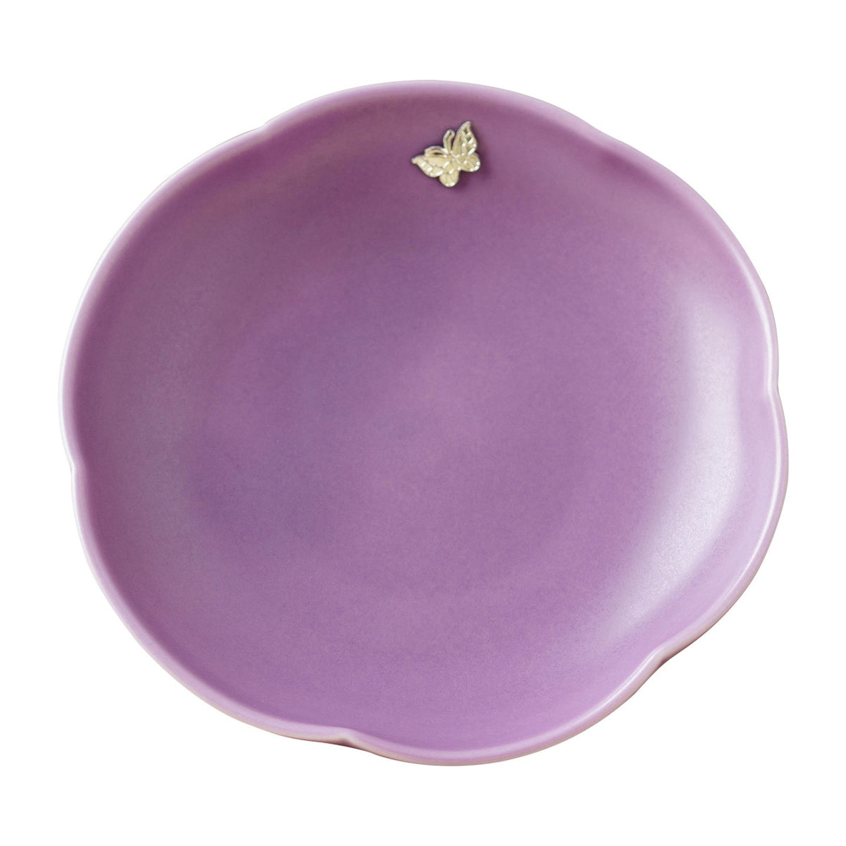 Lilac purple flower-rim ceramic pot bearer with butterfly accent