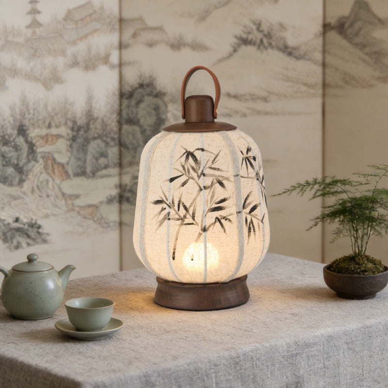 Bamboo motif linen lantern lamp styled on a tea table