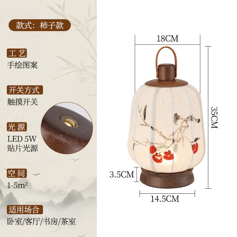 Persimmon pattern linen lantern table lamp with wood handle and warm LED light