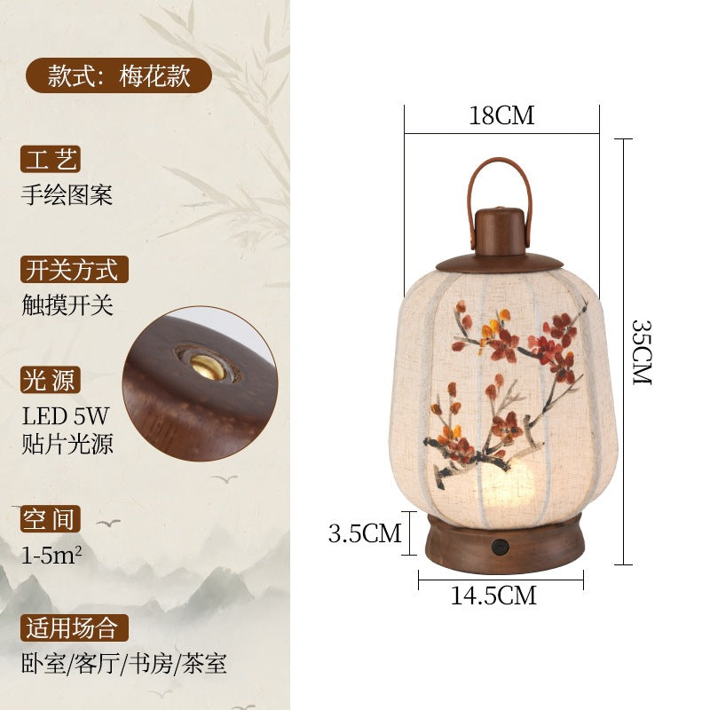 Plum blossom hand-painted linen lantern lamp with wood handle and touch light