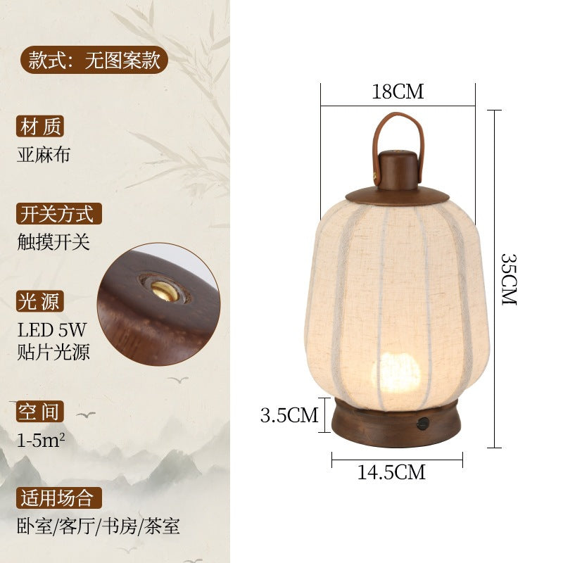 Plain linen portable lantern lamp with oak-tone handle, touch dimming and rechargeable LED