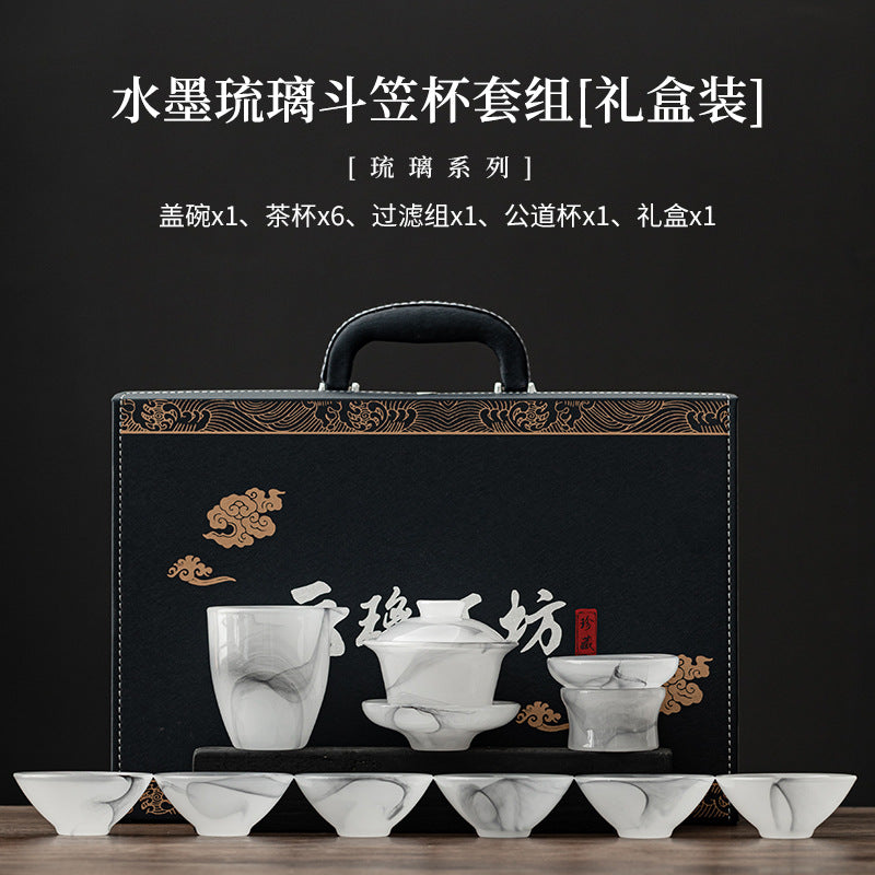 Douli Hat-Shaped cup Liuli glass Gongfu tea set - Ink Wash gift box