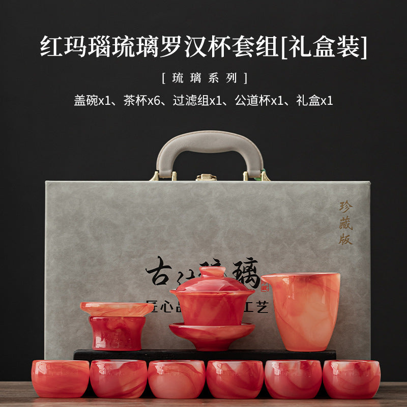 Luohan Rounded cup Liuli glass Gongfu tea set - Red Agate gift box