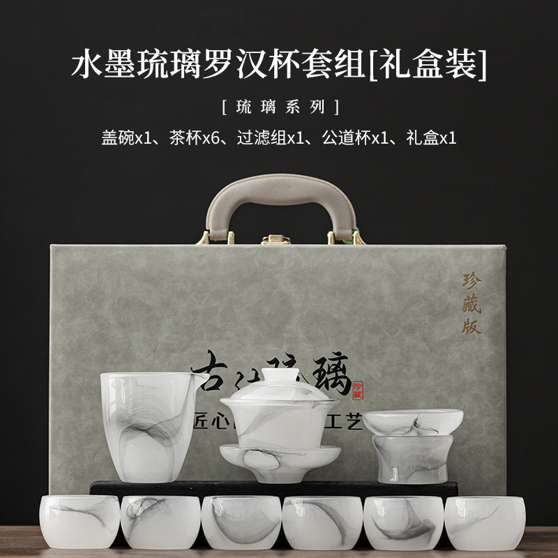 Luohan Rounded cup Liuli glass Gongfu tea set - Ink Wash gift box