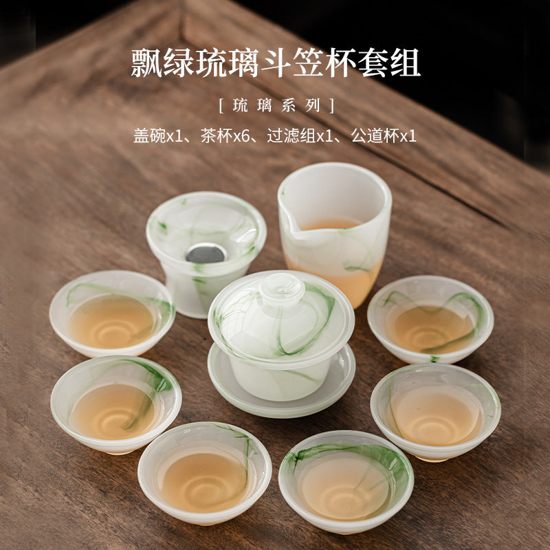 Floating green liuli glass Gongfu tea set with six Douli hat cups