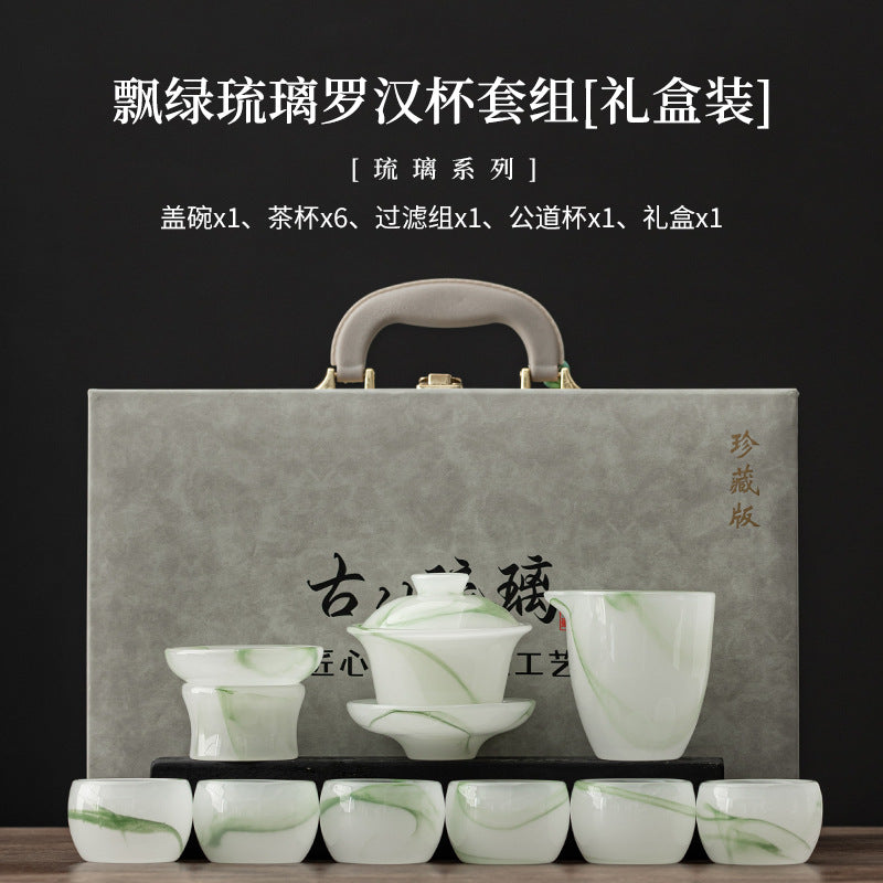 Floating green liuli glass Gongfu tea set with six Luohan cups and gift box