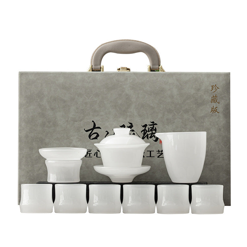 White jade-effect liuli glass Gongfu tea set with gaiwan, six cups, filter and fairness pitcher