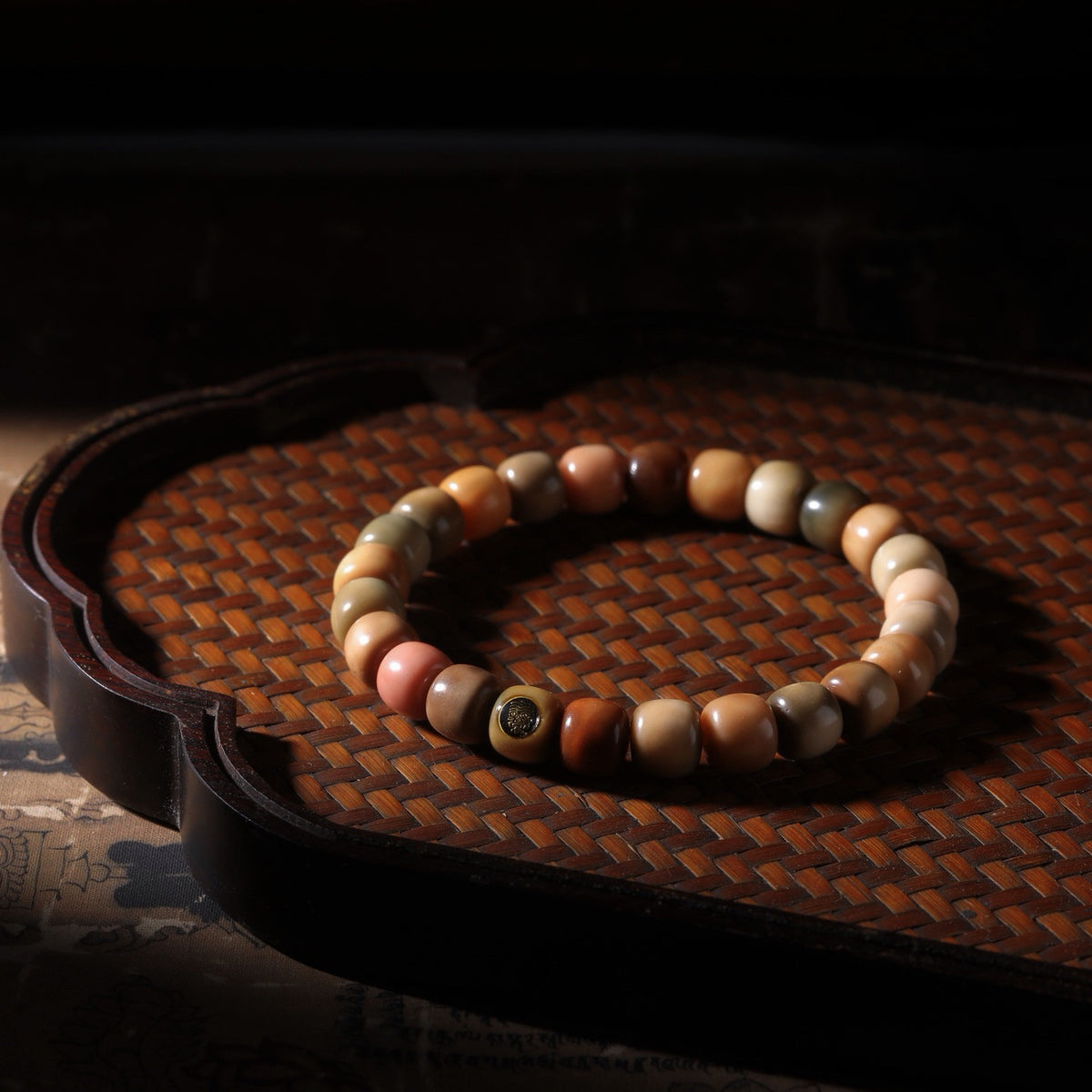 Gradient multi-tone Longji Bodhi-style barrel bead bracelet in cream, olive, pink and brown colors