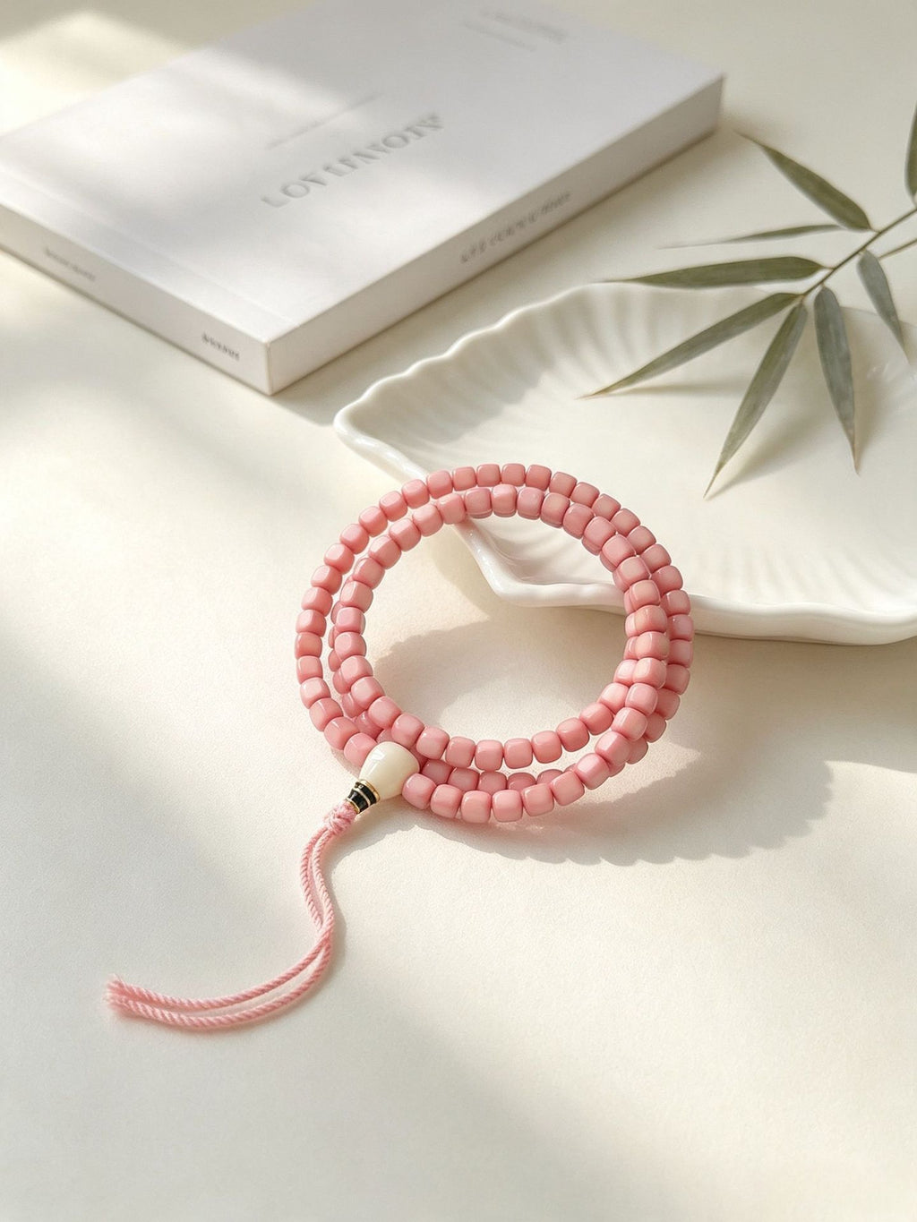 Pink Longji Bodhi barrel bead hand mala with pale focal bead and pink tassel