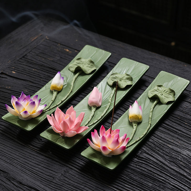 Three lotus leaf ceramic incense stick holder color styles displayed together