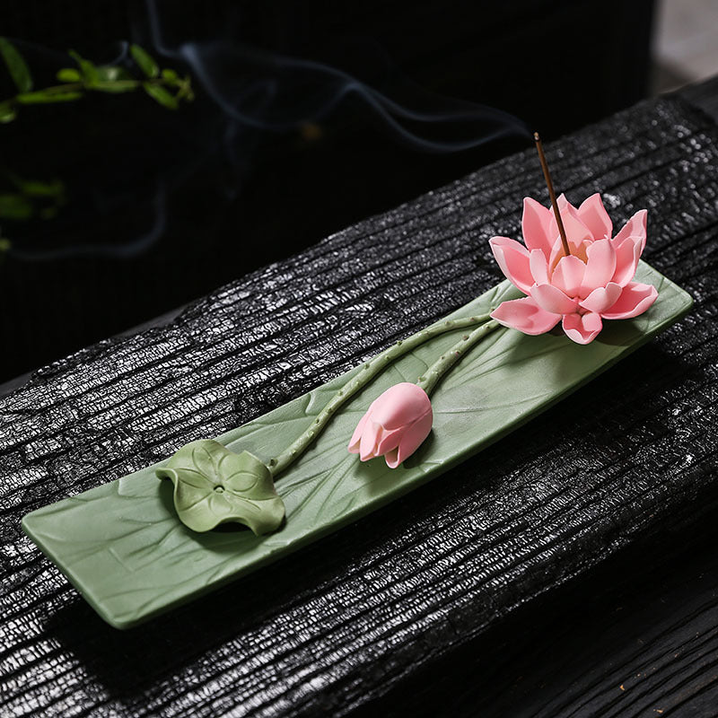 Rose pink lotus leaf ceramic incense holder with incense smoke