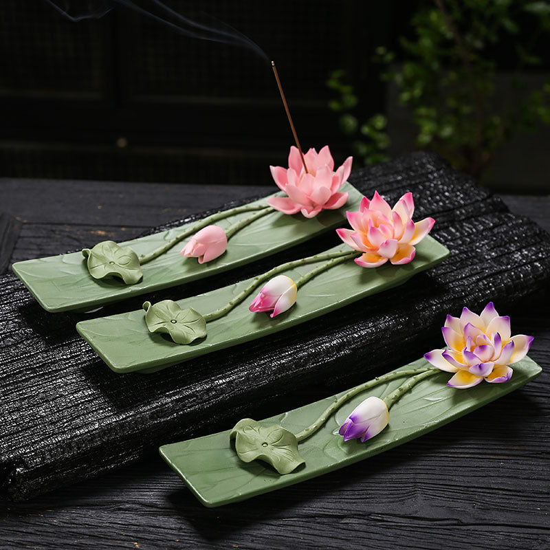 Lotus leaf ceramic incense holder collection in three flower colors