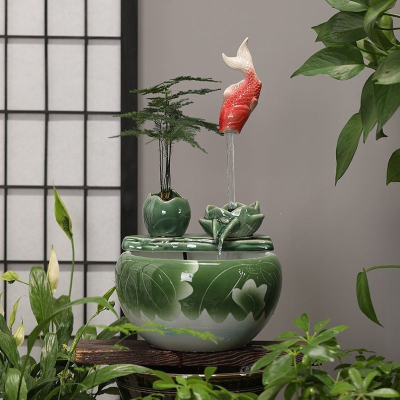 Lotus ceramic tabletop fountain with red koi pourer