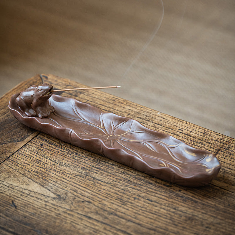 Lotus leaf style ceramic incense stick tray with sculpted ash catcher