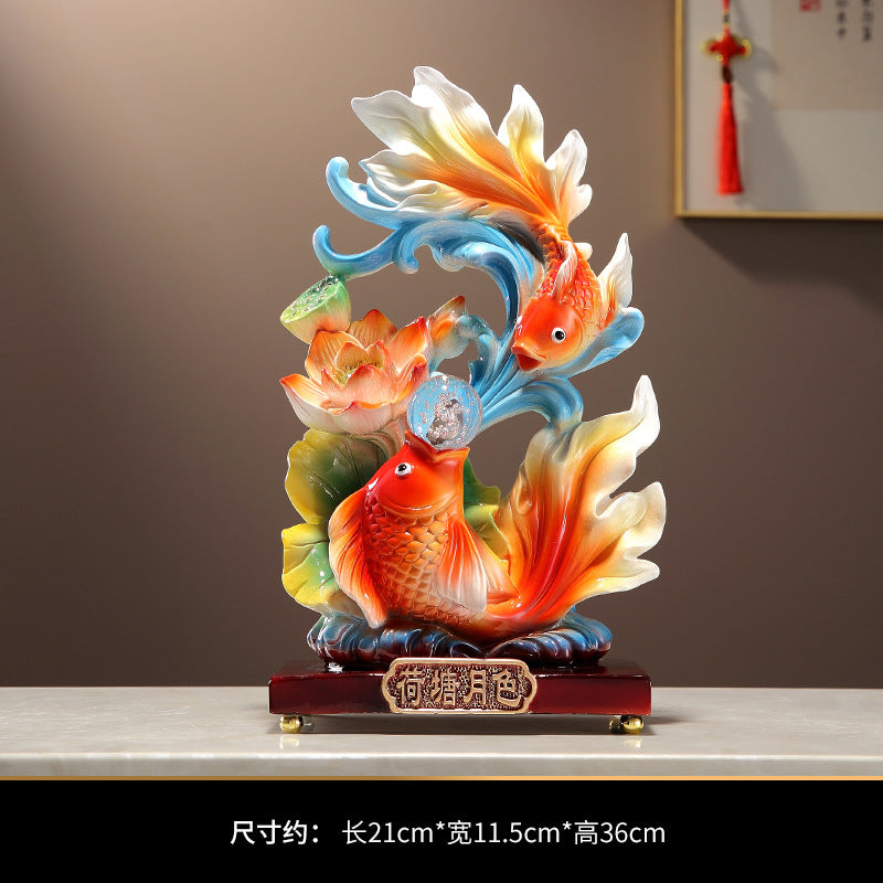 Lotus pond koi feng shui resin sculpture with crystal sphere