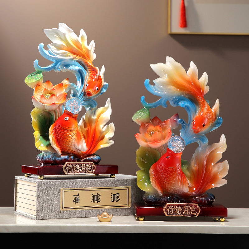 Colorful koi fish and lotus tabletop feng shui decor