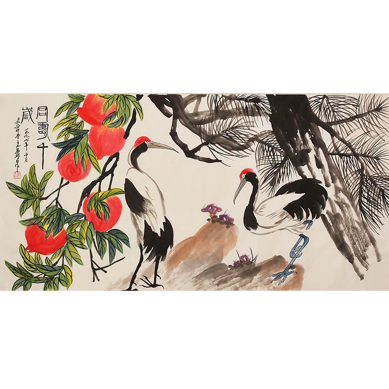 Hand-painted Chinese twin cranes with red persimmons and pine, Lou Shibai inspired auspicious flower-and-bird painting