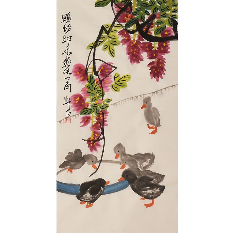 Hand-painted Chinese ducks beneath pink wisteria by blue water, Lou Shibai inspired xieyi flower-and-bird painting