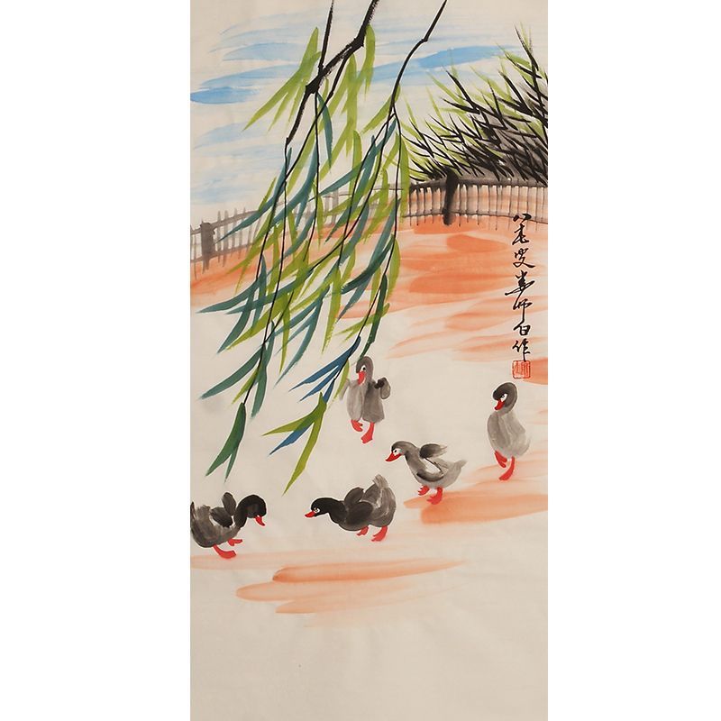 Hand-painted Chinese hanging willow with five ducks, Lou Shibai inspired xieyi flower-and-bird painting, vertical wall art