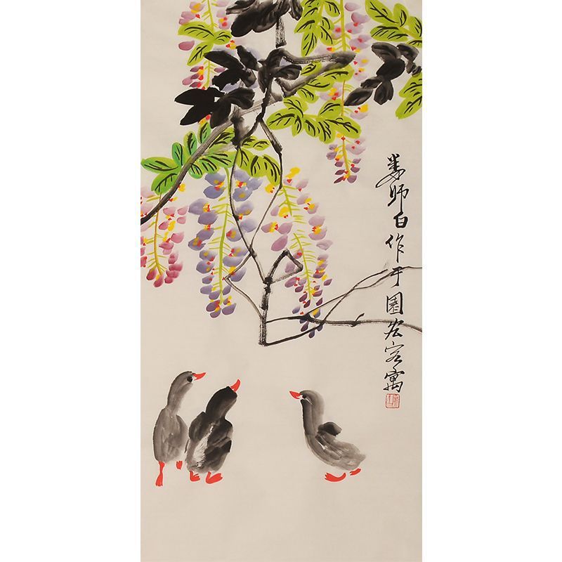 Hand-painted Chinese three ducks beneath pale purple wisteria, Lou Shibai inspired vertical xieyi flower-and-bird painting
