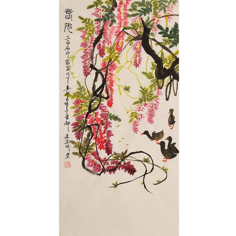 Hand-painted Chinese pink wisteria with ducks and bees, Lou Shibai inspired flower-and-bird painting, vertical composition