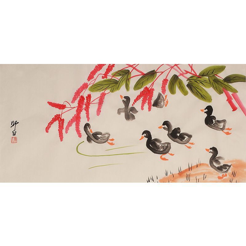 Hand-painted Chinese red tassel flowers with swimming ducks, Lou Shibai inspired xieyi flower-and-bird painting, horizontal wall art