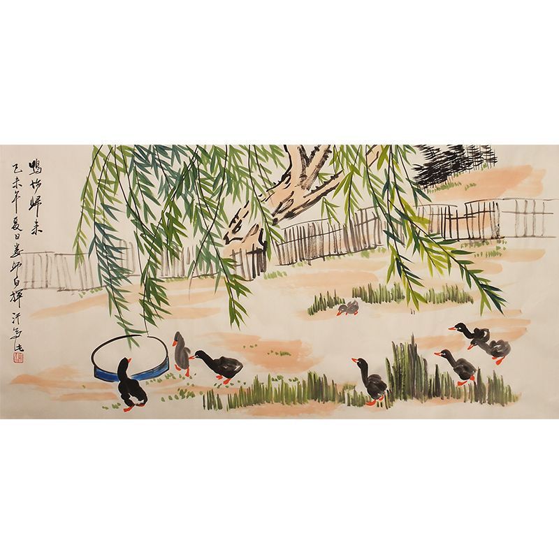 Hand-painted Chinese ducks in a willow courtyard landscape, Lou Shibai inspired horizontal xieyi animal painting