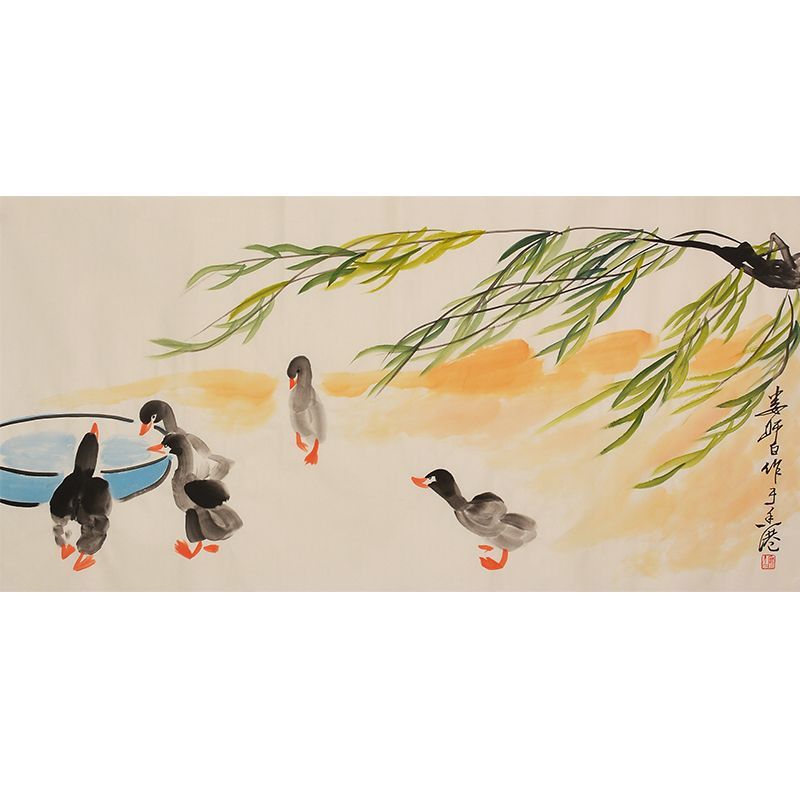 Hand-painted Chinese willow branches and ducks beside blue water, Lou Shibai inspired xieyi duck painting, horizontal composition