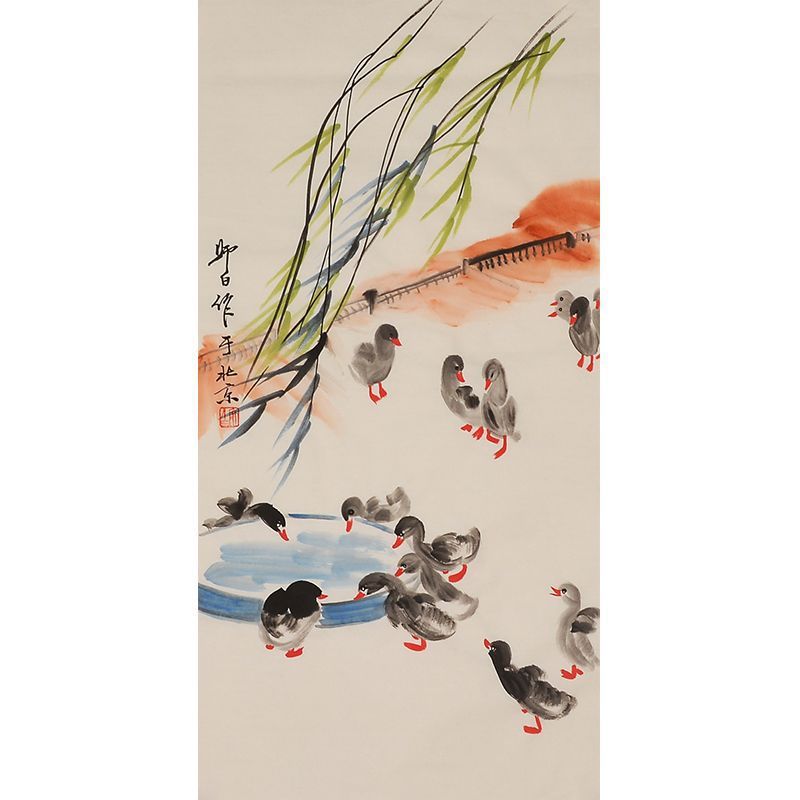 Hand-painted Chinese flock of ducks beneath sweeping willow beside blue water, Lou Shibai inspired vertical xieyi painting