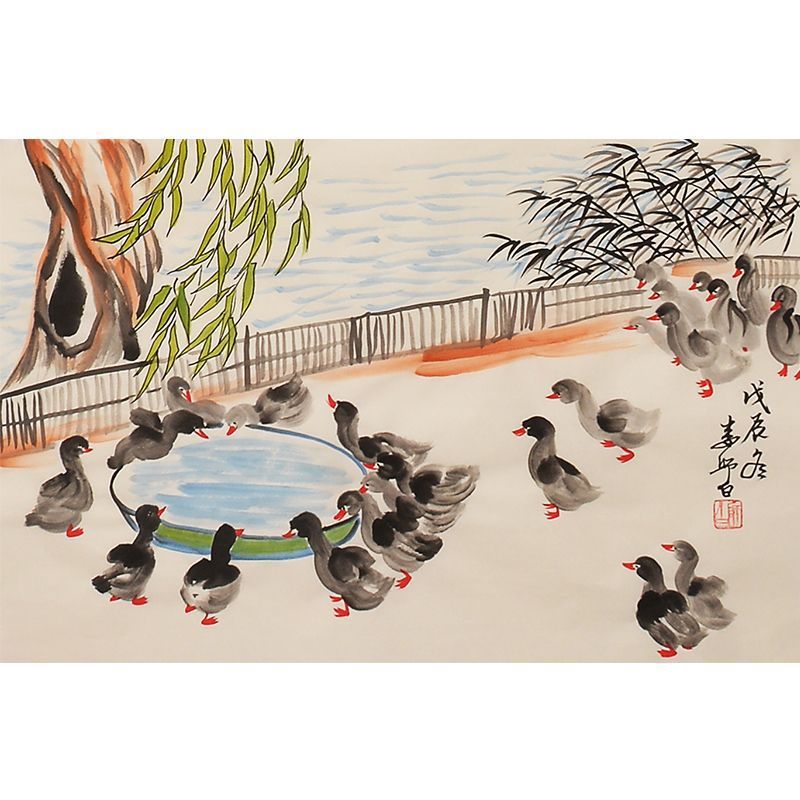 Hand-painted Chinese willow pond scene with a large gathering of ducks, Lou Shibai inspired ink-and-color flower-and-bird painting