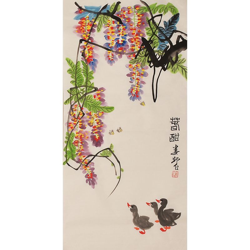 Hand-painted Chinese twin ducks beneath purple wisteria with bees, Lou Shibai inspired xieyi bird-and-flower art