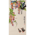 Hand-painted Chinese wisteria with a pair of ducks and bees, Lou Shibai inspired flower-and-bird ink painting, vertical composition