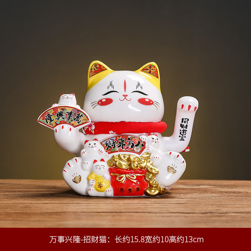 Lucky cat figurine dimensions and red gold prosperity details
