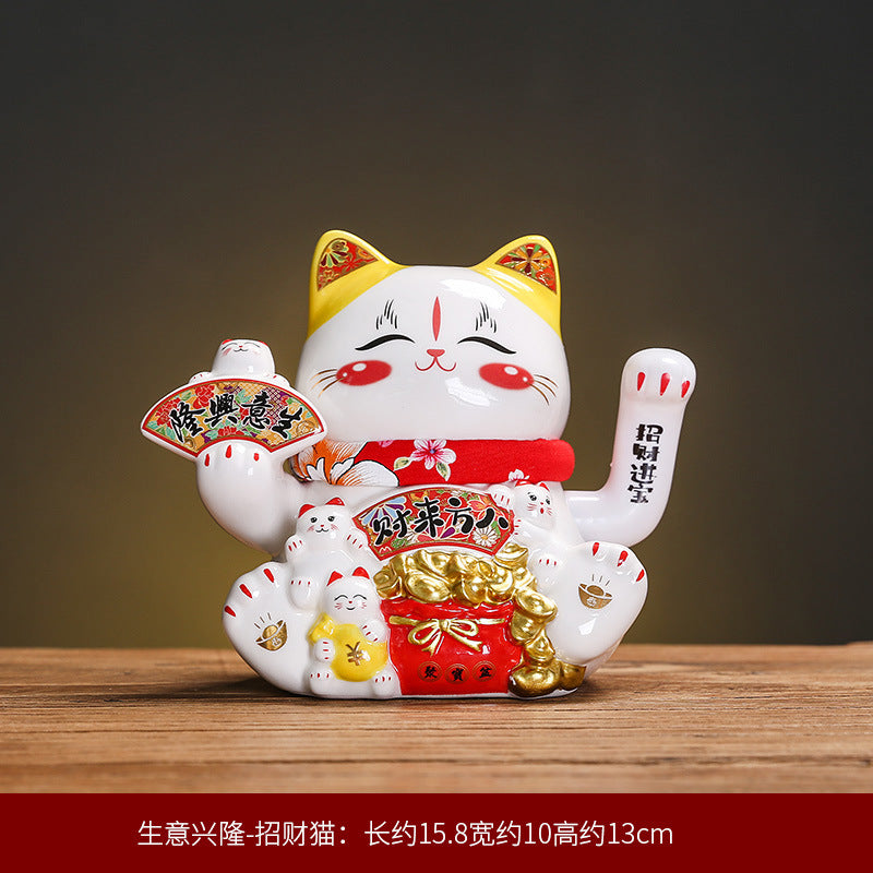 Standalone lucky cat figurine with approximate 15.8 cm length and 13 cm height