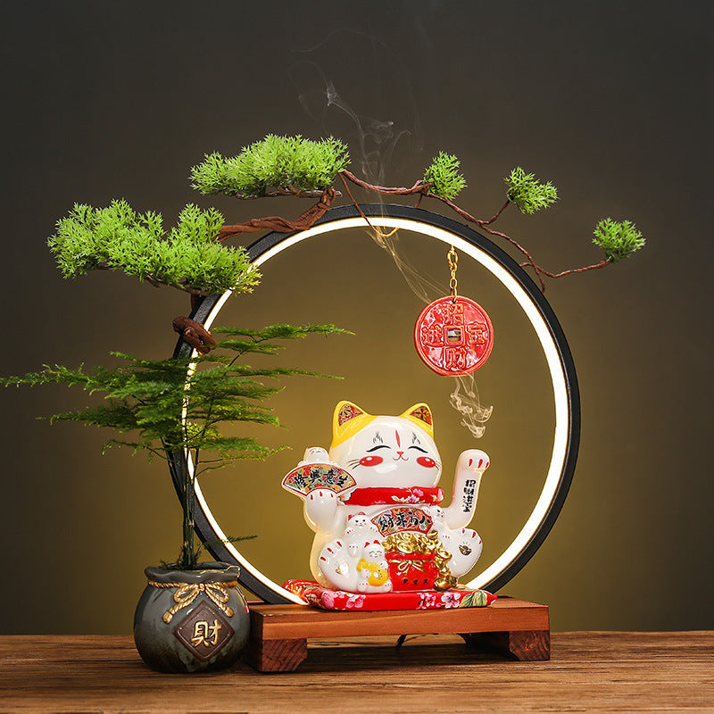 Lucky cat LED ring feng shui decor with bonsai-style tree and wealth pot