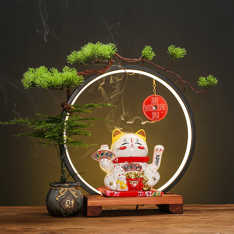 Lucky cat LED halo ring display for entryway reception and living room styling