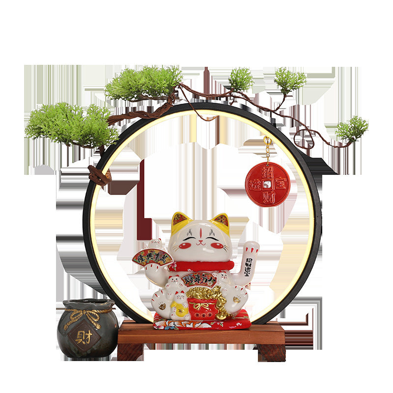 Lucky cat bonsai ring decor on white background showing complete display set