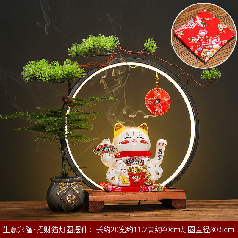 Complete illuminated lucky cat feng shui display with 30.5 cm ring